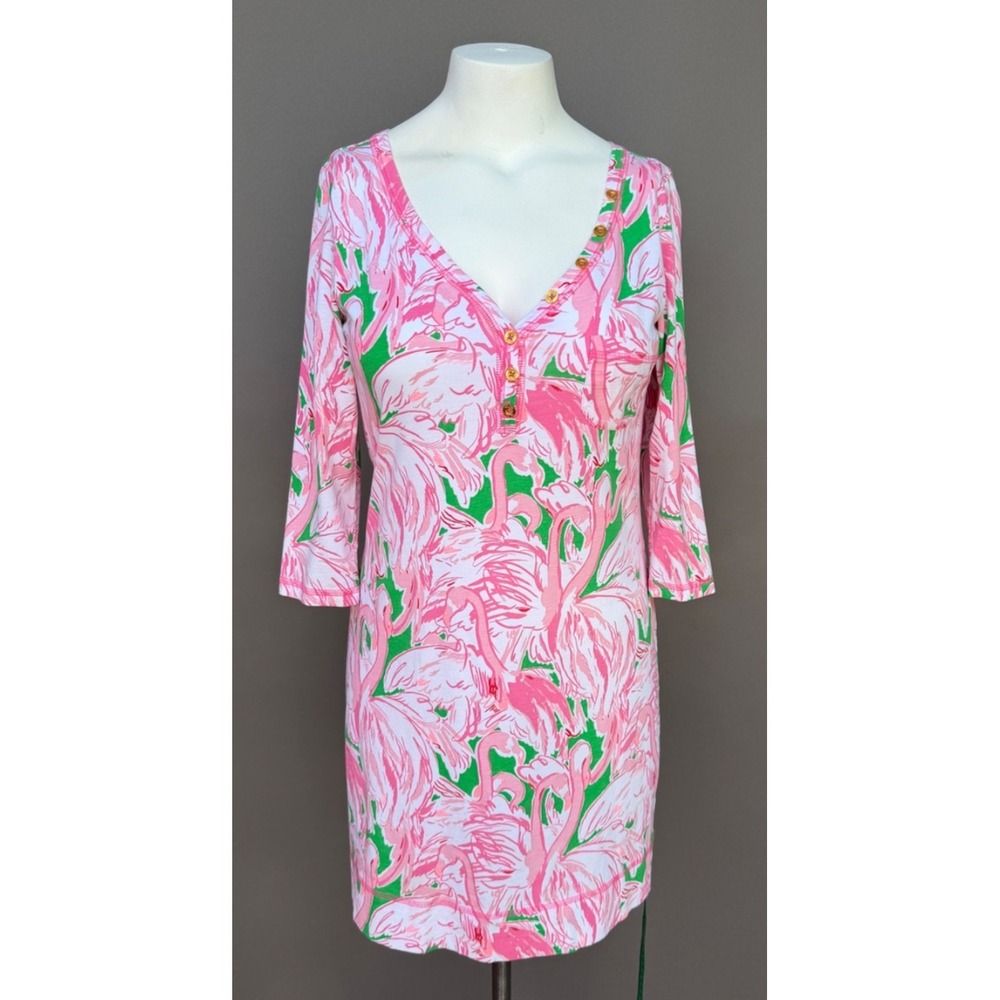 Lilly Pulitzer Flamingo Henley Dress M Pink Colony Palmetto Preppy‎ Coastal Pima
